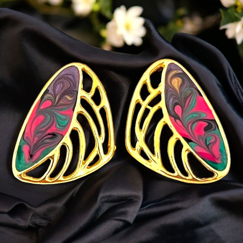 Vintage 1980s Gold Tone Openwork Earrings Pink Green Shimmer Enamel NOS - 3HA